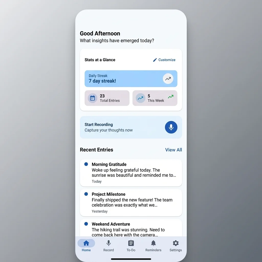 Hello Diary App - Voice journaling with entries like Morning Gratitude and Project Milestone